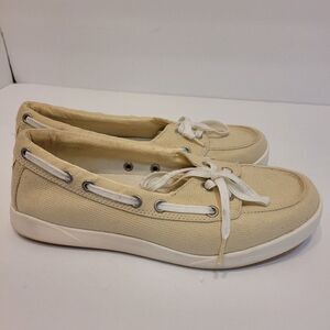 LL Bean Women's 7.5W Boat Shoes Canvas Slip On Cream‎